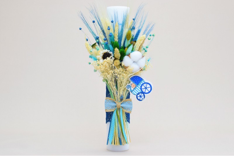 Lumanare Botez Baiat Personalizata Decorata cu Flori